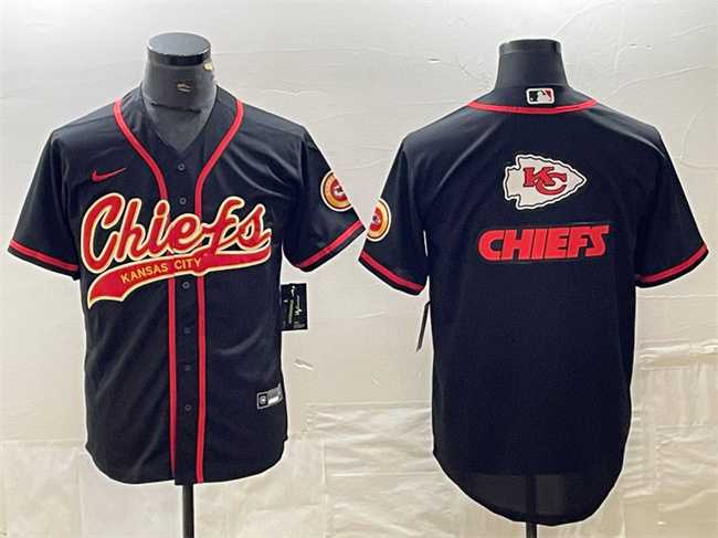 Mens Kansas City Chiefs Black Team Big Logo With Patch Cool Base Stitched Baseball Jersey